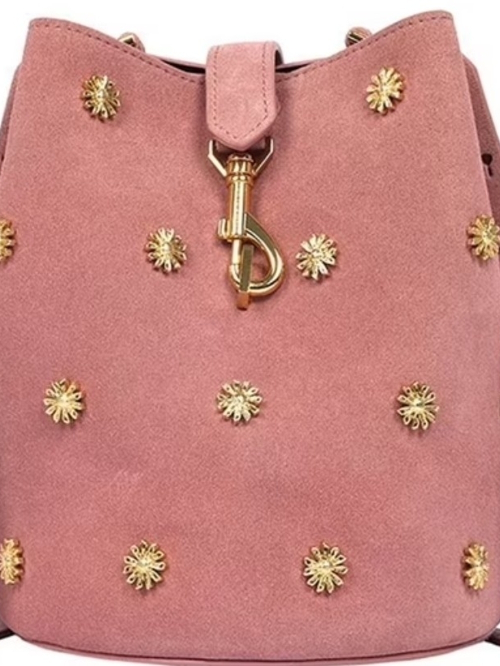 Rebecca Minkoff Pink Suede Mini Bucket Bag with Gold Studs